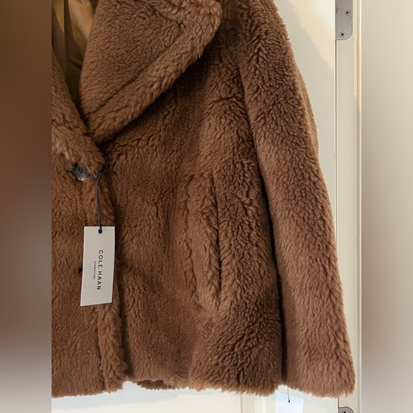 Cole Haan Signature Designer Brown Faux Fur Wool Blend Coat Size XL - Picture 11 of 16